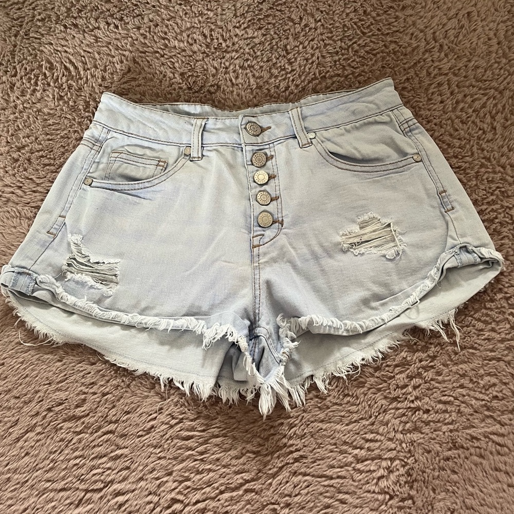 Refuge Blue Distressed Jean Shorts with Frayed Hem